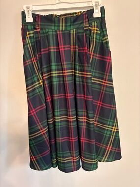 Modcloth Navy Green Plaid Skater Skirt with Red & Yellow Accents